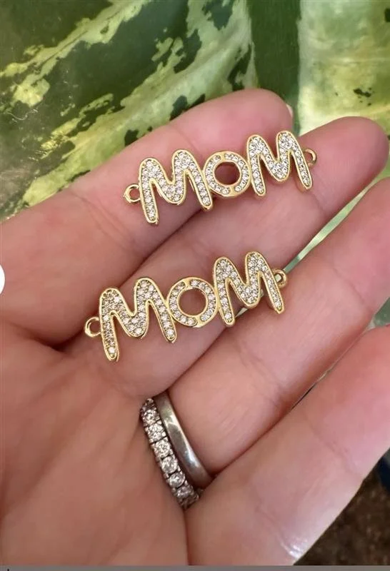 Gold MOM Connector Charm, Cubic Zirconia, 14k Plated