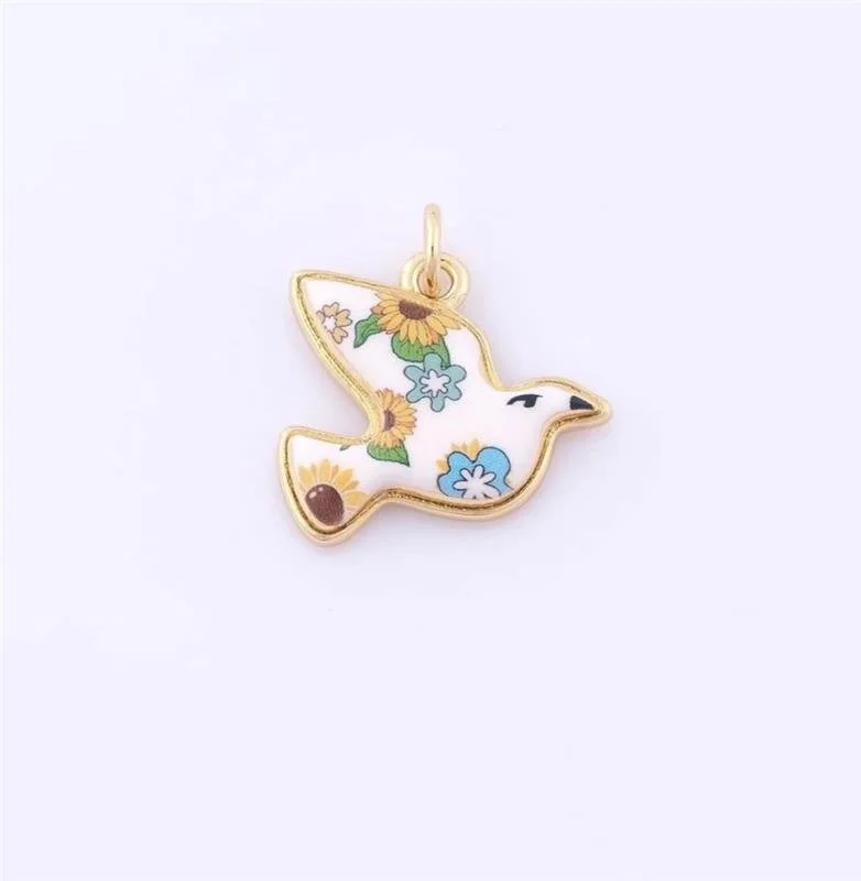 Gold Enamel Peace Dove Charm: Floral 18k Gold Filled Pendant