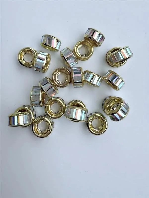 Rainbow Rhinestone Spacer Beads • Gold Trim Rondelles, 10mm