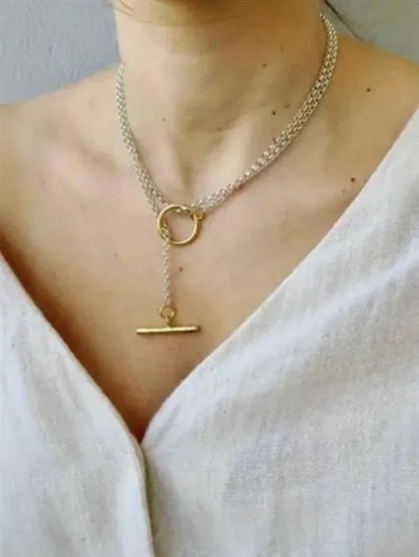 Two-Toned Lariat Toggle Necklace - Sleek Modern Style