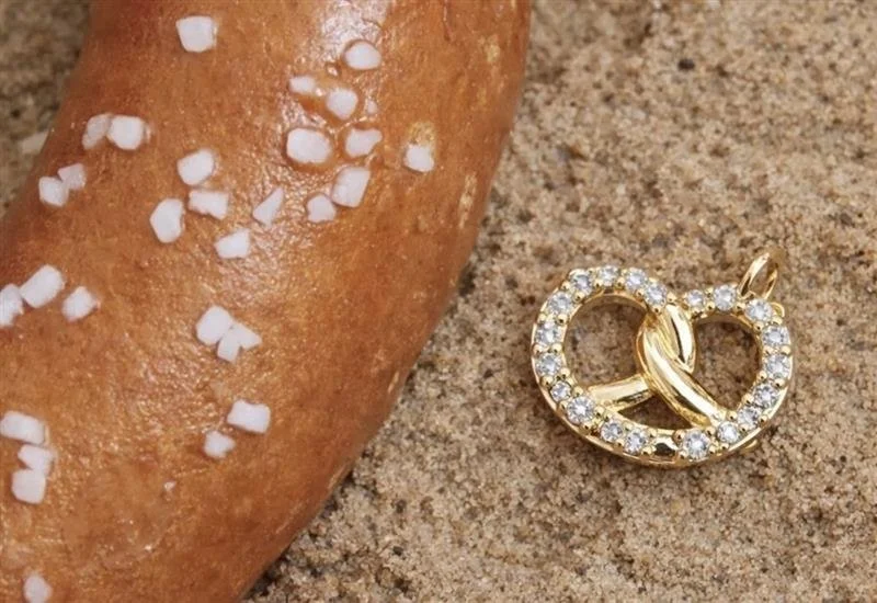 Gold Pretzel Charm Pendant, Cubic Zirconia, Dainty 1.5cm Jewelry