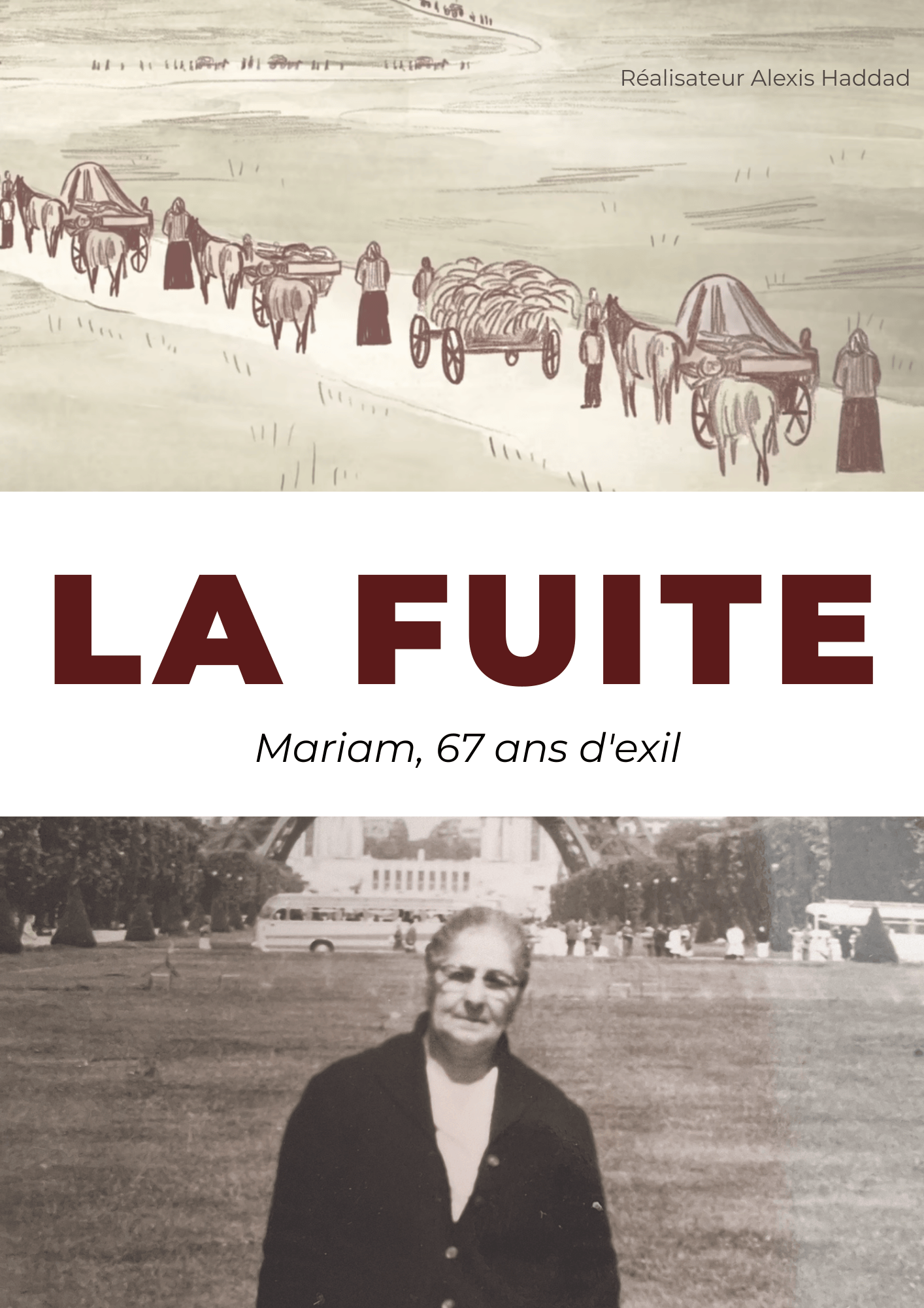 Couverture d'un livre intitulé 'La Fuite' avec une illustration de chariots et de figures humaines à l'étape du haut, et une photo en noir et blanc d'une femme âgée avec des bâtiments en arrière-plan au bas.