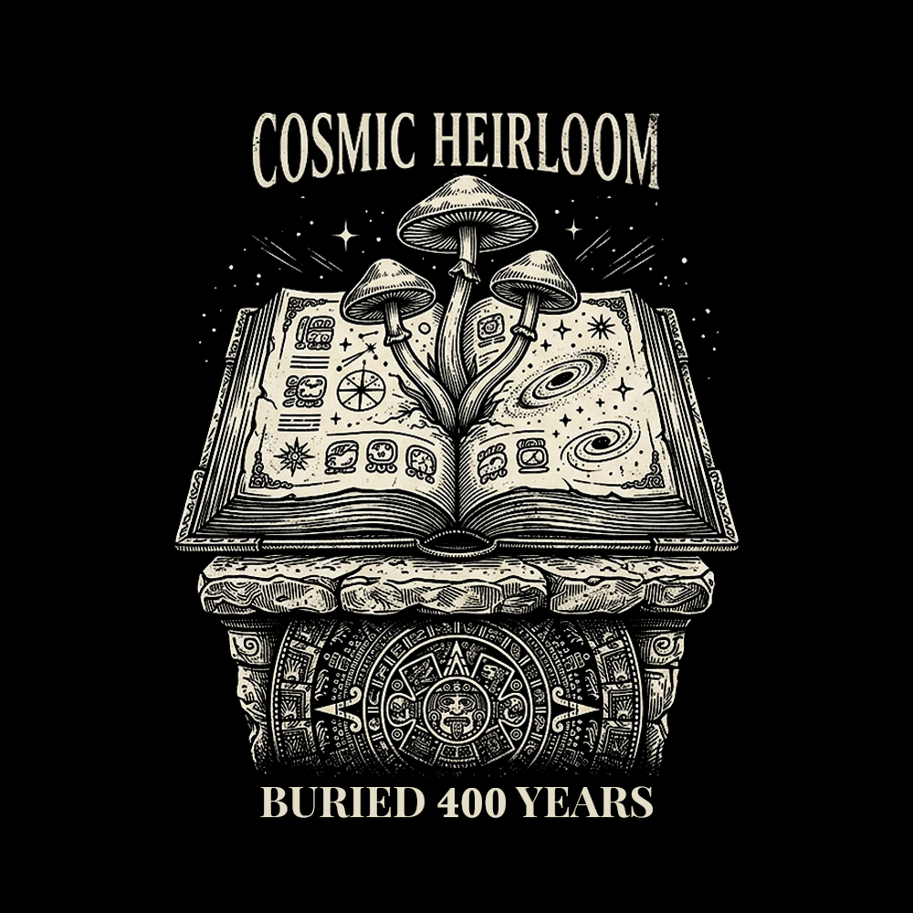 An illustration of a magical book with mushrooms sprouting from it, resting on a stone pedestal with Mayan or Aztec symbols. The text reads 'Cosmic Heirloom Buried 400 Years.'