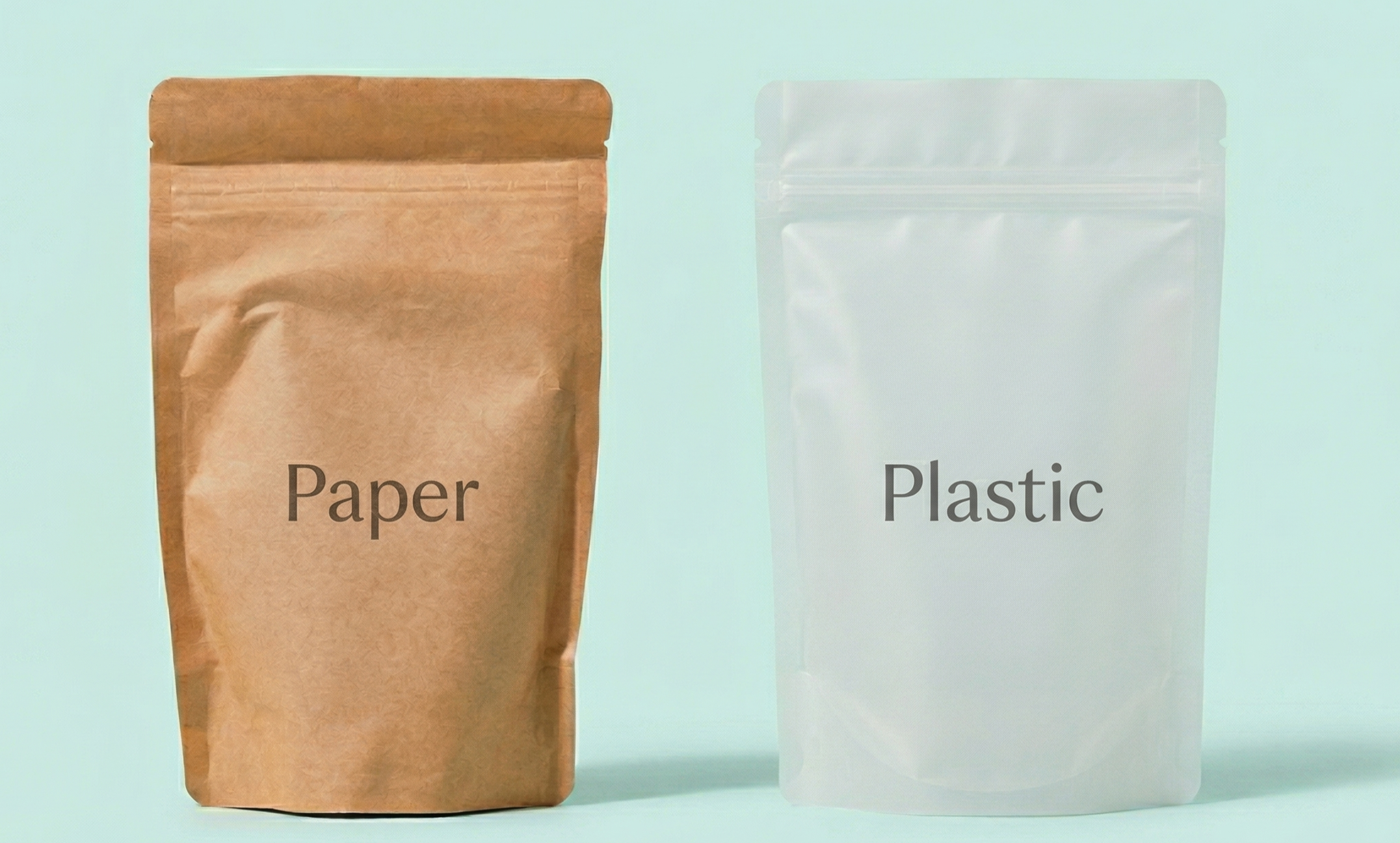 Two stand-up pouches, one brown paper labeled "Paper" on the left, and one white plastic labeled "Plastic" on the right, against a light blue background.