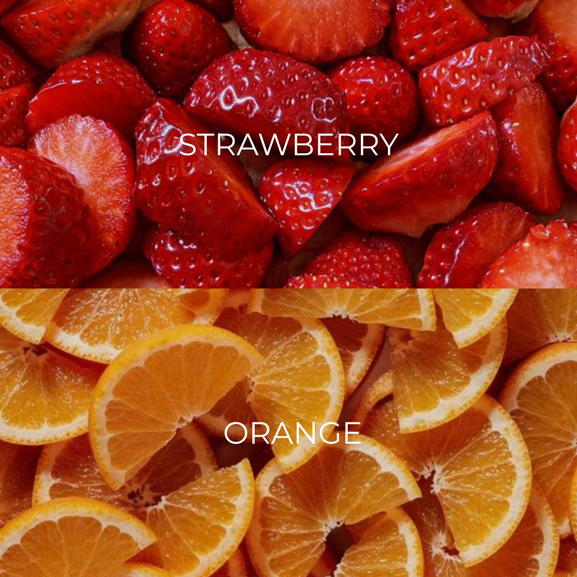 Close-up of sliced strawberries on top and sliced oranges below, labeled 'STRAWBERRY' and 'ORANGE' respectively.