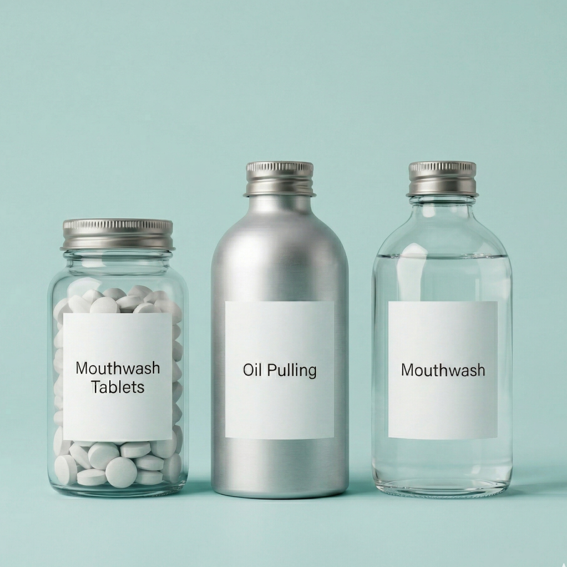 Two glass bottles labeled 'Mouthwash Tablets' and 'Mouthwash,' and one silver bottle labeled 'Oil Pulling'; all bottles are sealed with silver caps, set against a light blue background.