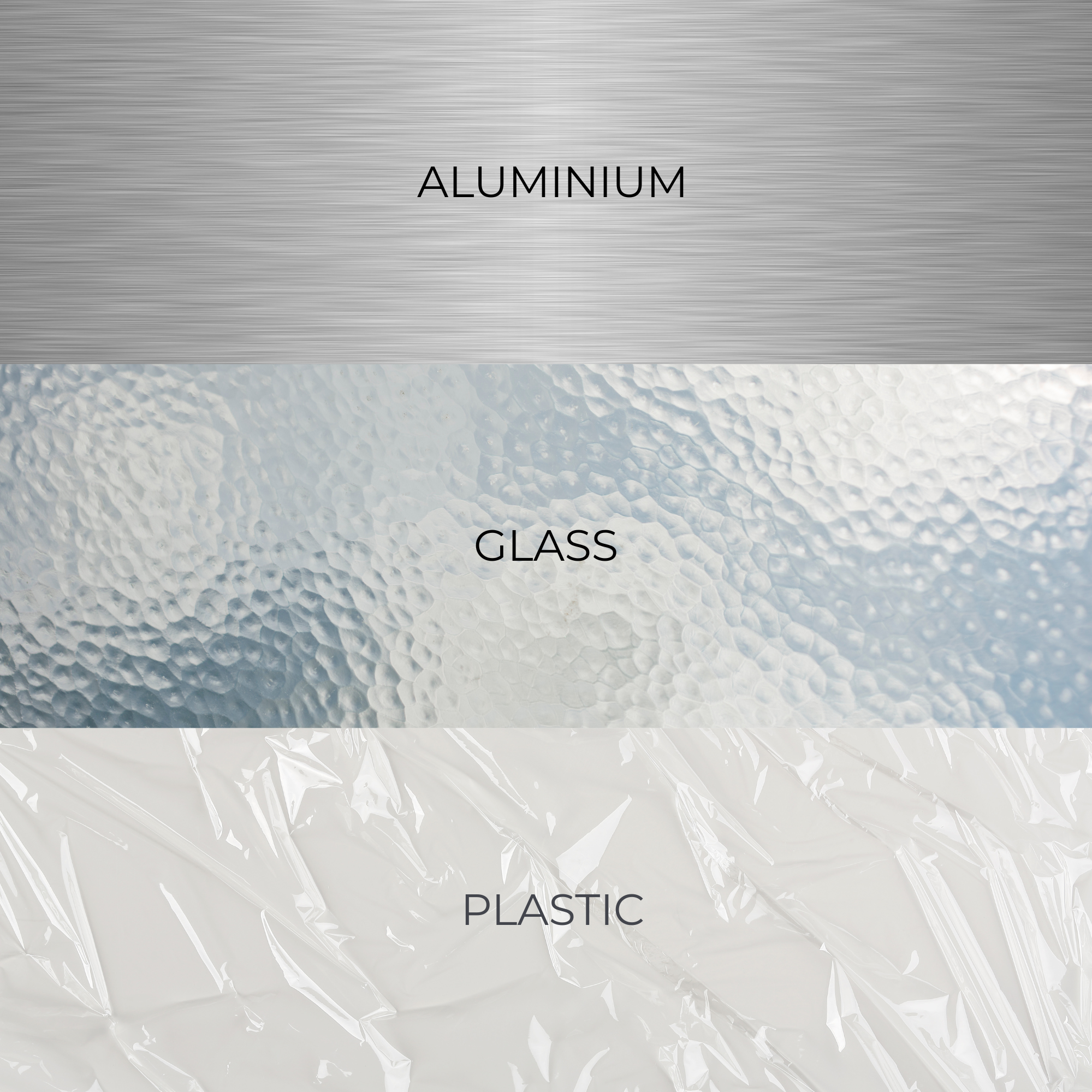 Image showing three types of materials: aluminum with a brushed metal surface, textured glass, and crumpled plastic wrap.
