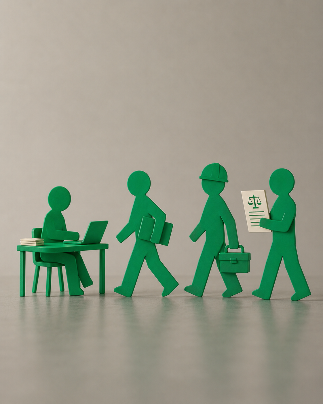 Green paper cutout figures of workers, one sitting at a desk with a laptop, others walking with briefcases, and one holding a document with a legal scale icon.