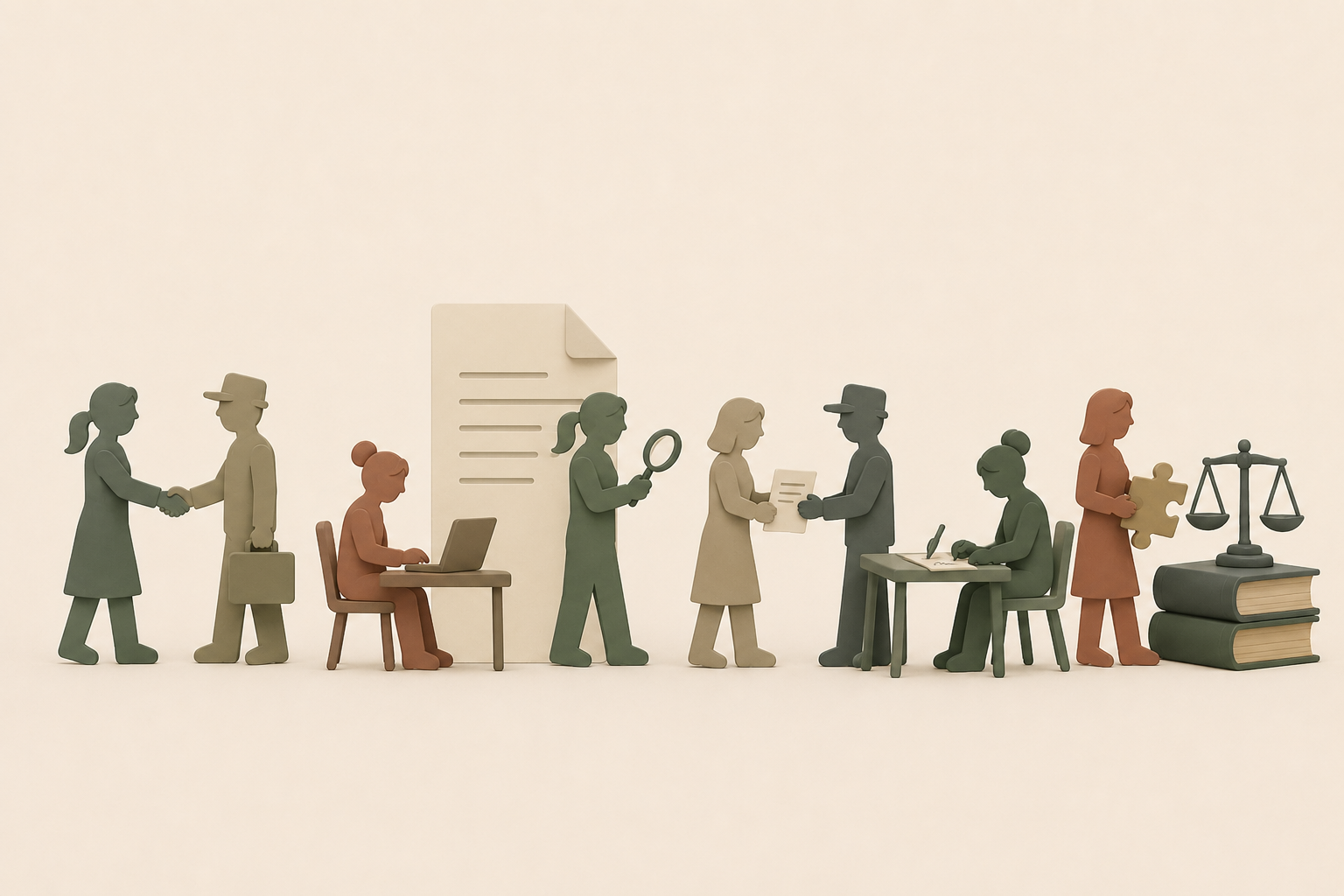 Paper cutout figures depicting various office and legal activities, including handshaking, reading, typing, and balance scales on stacked books.