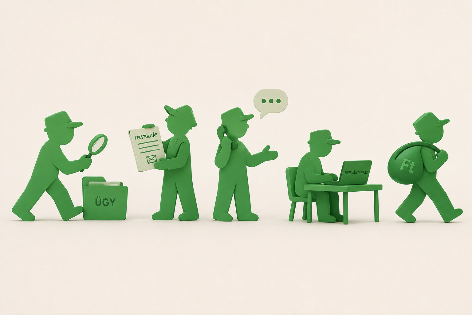 Green plastic figurines depicting steps of a legal or bureaucratic process, including waiting, reading documents, talking on the phone, working at a desk, and walking away with a bag.