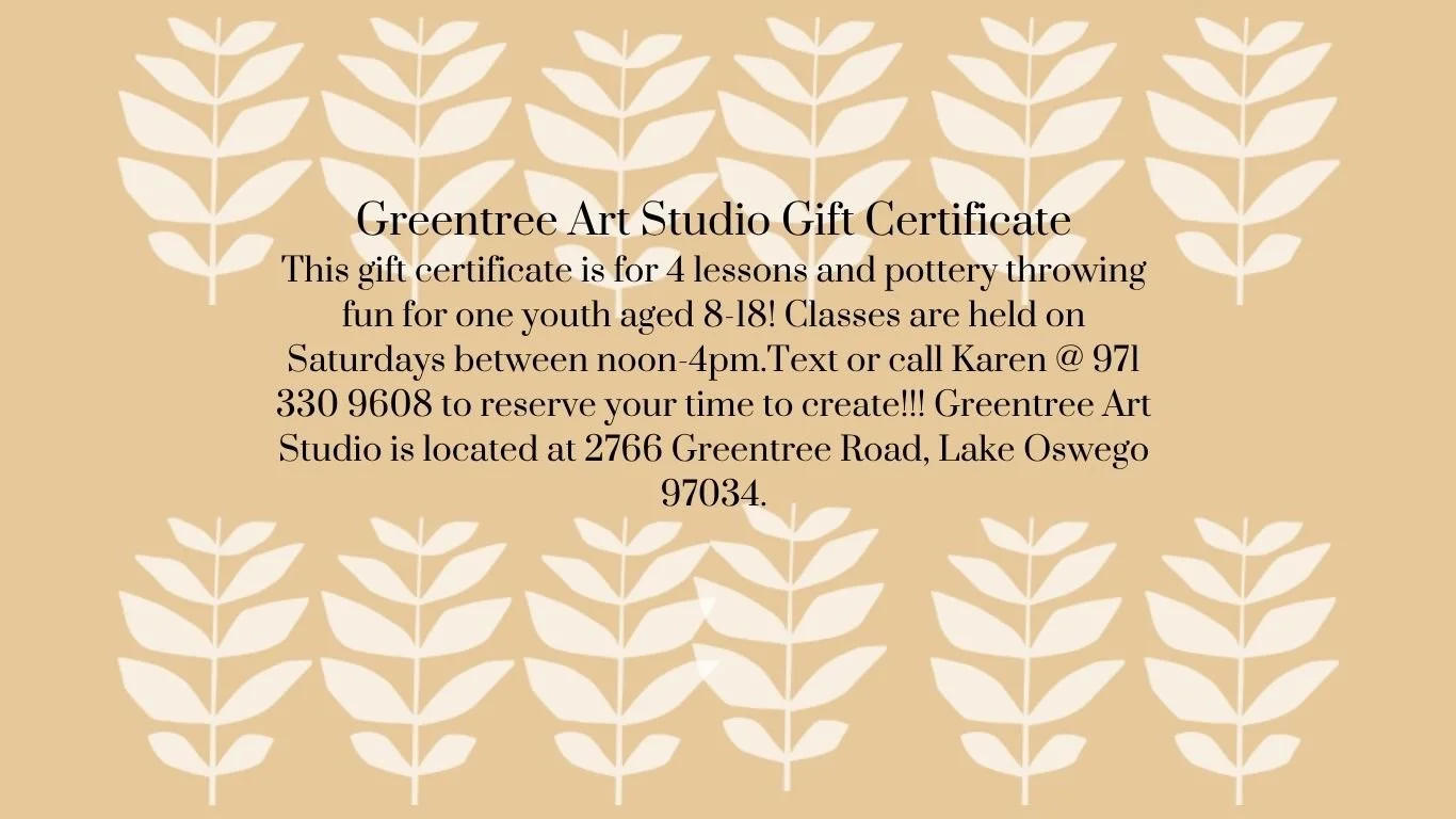 Gift Certificate for Four Youth Pottery Lessons