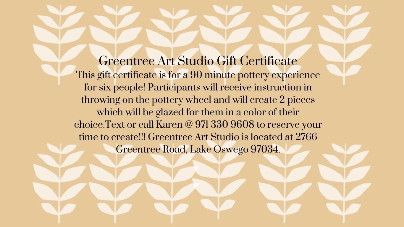Gift Certificates For 90 Minute Pottery Throwing Experience