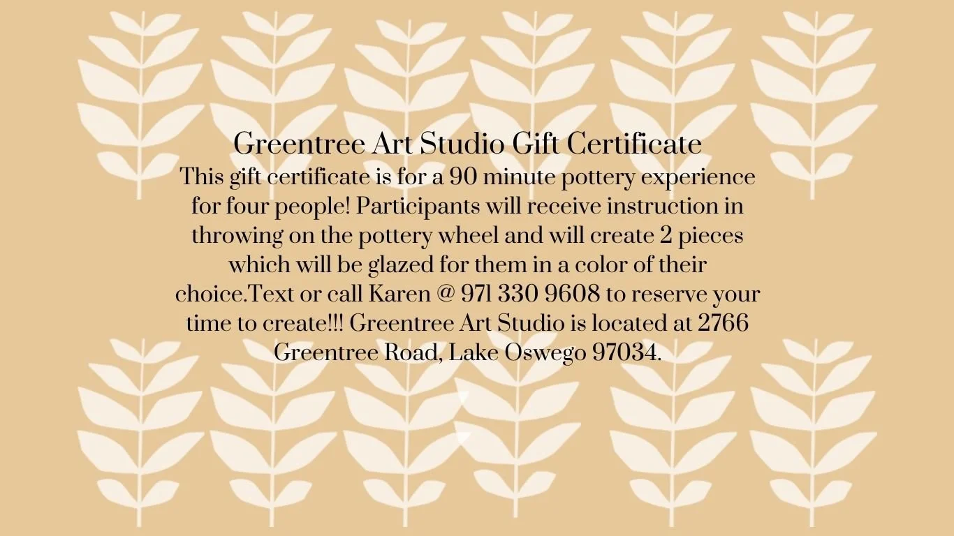 Gift Certificates For 90 Minute Pottery Throwing Experience