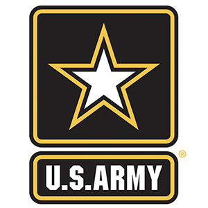 U.S. Army logo featuring a white star with a yellow outline inside a black square, with a yellow border, and the words 'U.S. Army' in white capital letters on a black rectangular background.