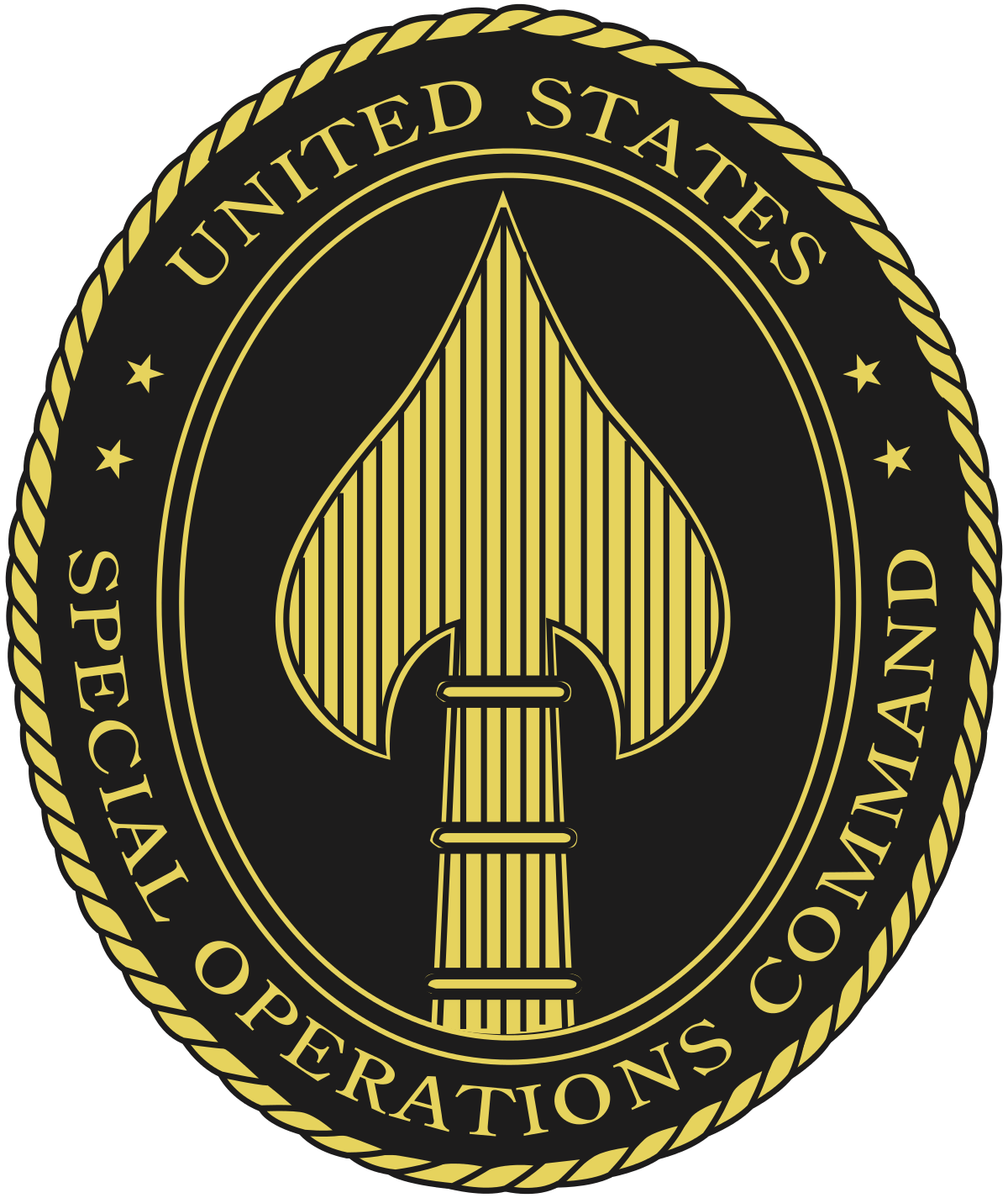 The emblem of the United States Special Operations Command featuring a gold spade symbol with vertical lines, surrounded by a black background and gold text around the edge.