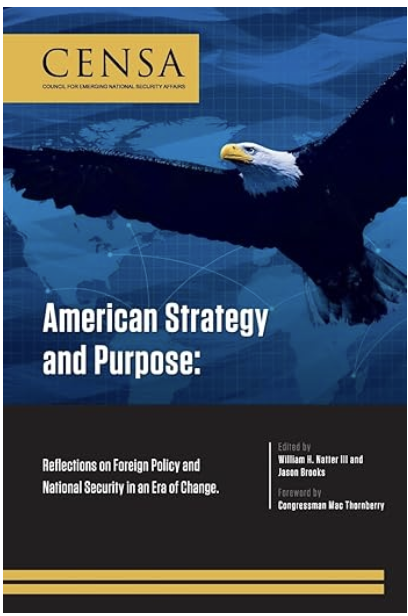 Cover page of a book titled 'American Strategy and Purpose' with imagery of a bald eagle and a world map background.