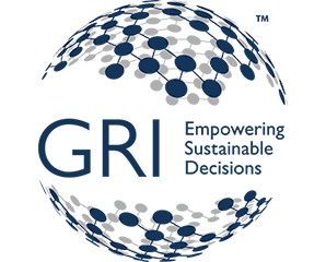 Logo of GRI - Empowering Sustainable Decisions, featuring a globe made of blue and gray dots.
