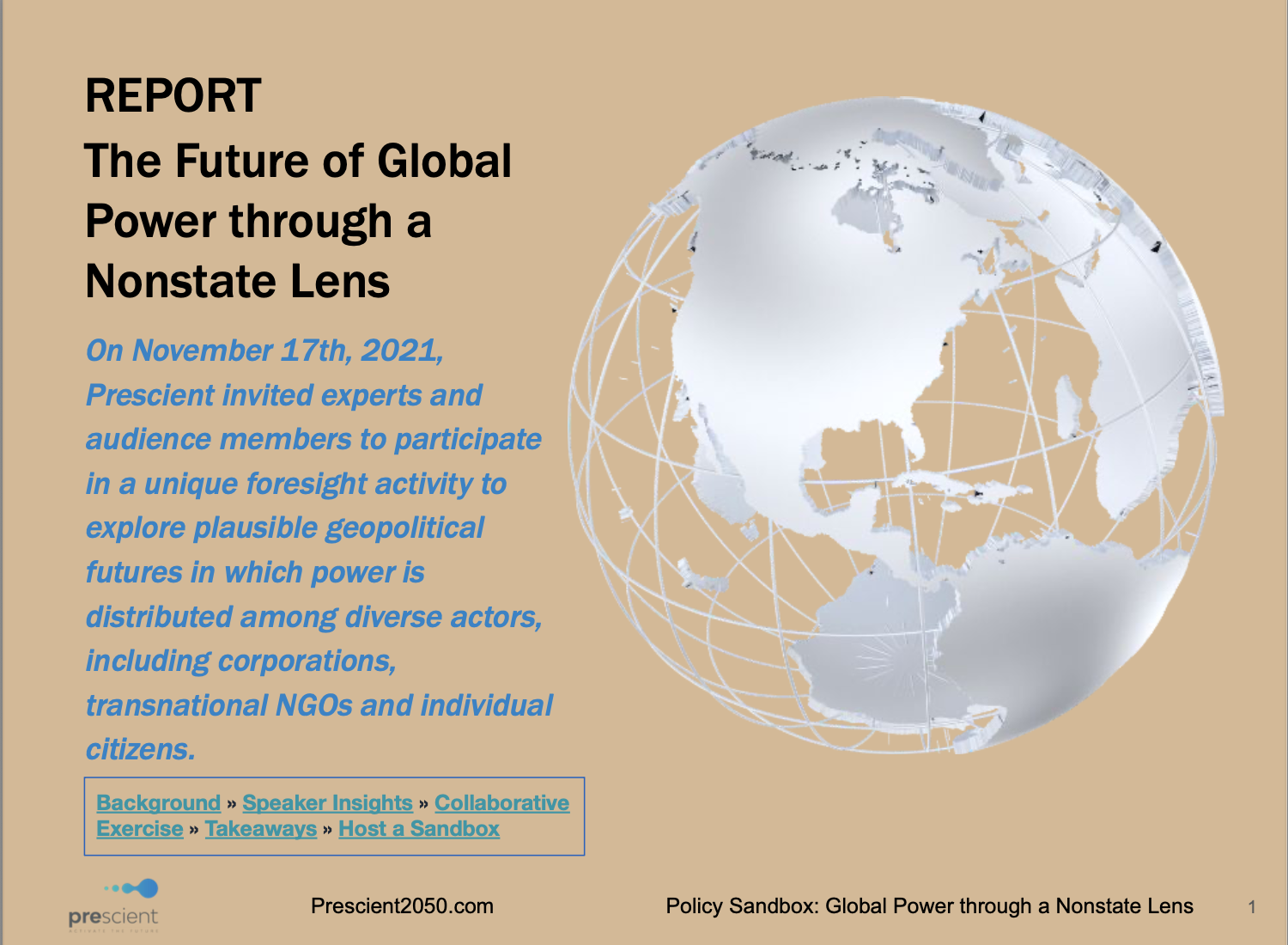 Cover page of a report titled 'The Future of Global Power through a Nonstate Lens', dated November 17th, 2021, with a graphic of a silver globe on a tan background, and a navigation menu with links like Background, Speaker Insights, Collaborative Exercise, Takeaways, and Host a Sandbox.