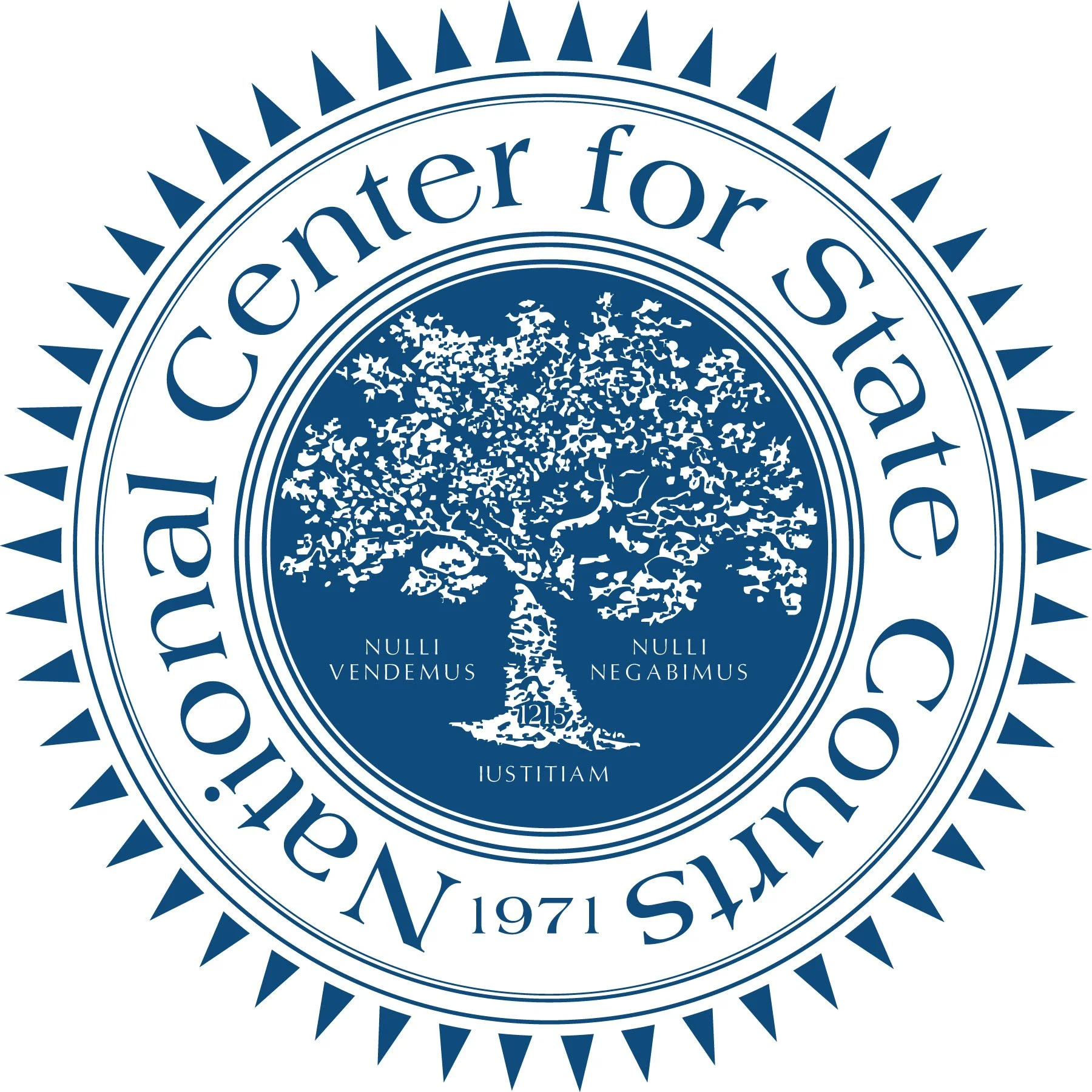 Seal of the National Center for State Courts featuring a large tree with Latin phrases and the year 1971.