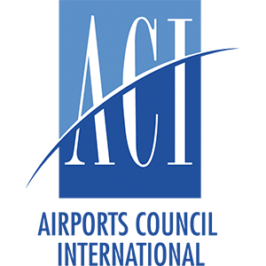 Logo of Airports Council International featuring tall white letters 'ACI' with a blue swoosh and the words 'Airports Council International' below.
