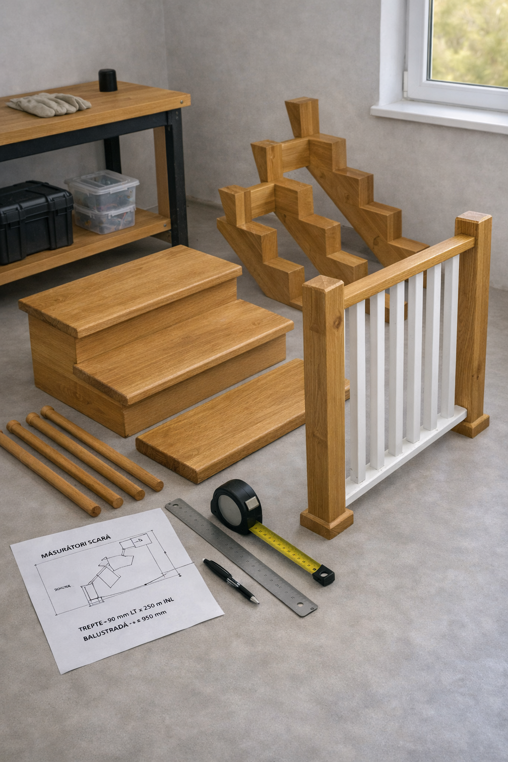 Disassembled wooden staircase parts, tools, and a blueprint for assembly in a room with a window.