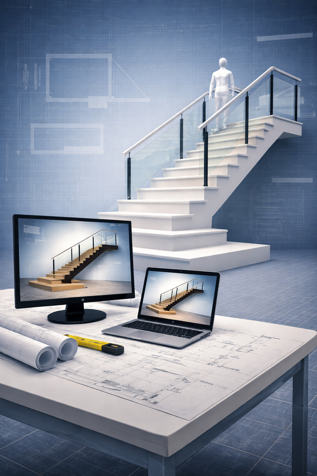 A digital rendering of a staircase with a mannequin at the top, blueprints, a laptop, and a monitor show the staircase design in a modern architectural workspace.