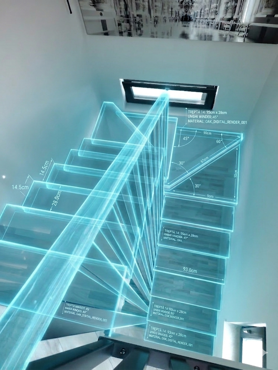 Digital holographic projection of a staircase with measurements and design details, seen from the bottom looking upward towards a window on a wall.
