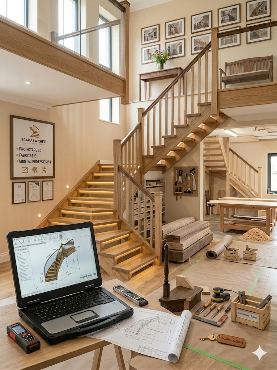 Interior view of a woodworking or carpentry workshop with a partially completed staircase, work tools, and a laptop displaying a staircase design.