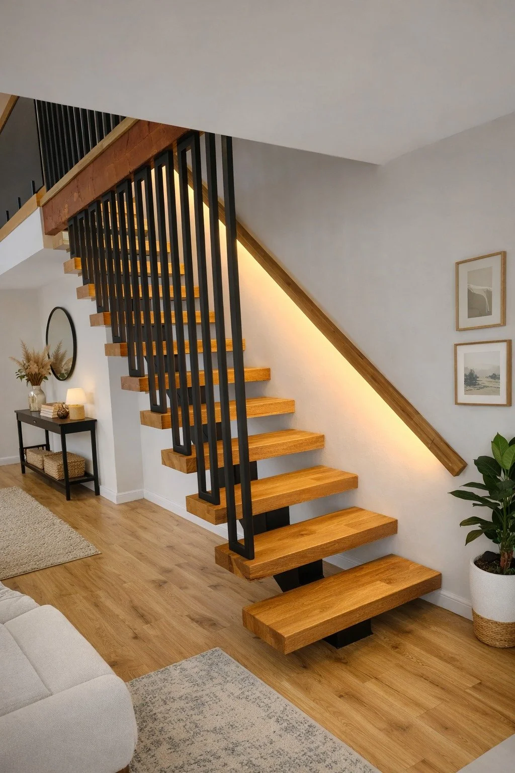 A modern staircase with wooden steps and black metal railing in a living room with wood flooring, wall art, plants, and furniture.