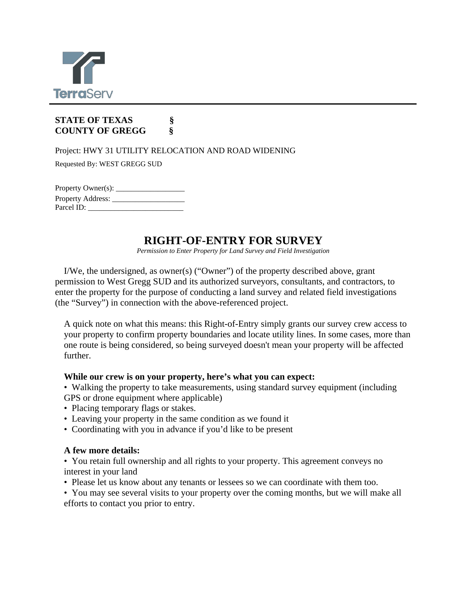 Document titled 'Right-of-Entry for Survey' issued by TerraServ, including project details, survey instructions, and property access guidelines.