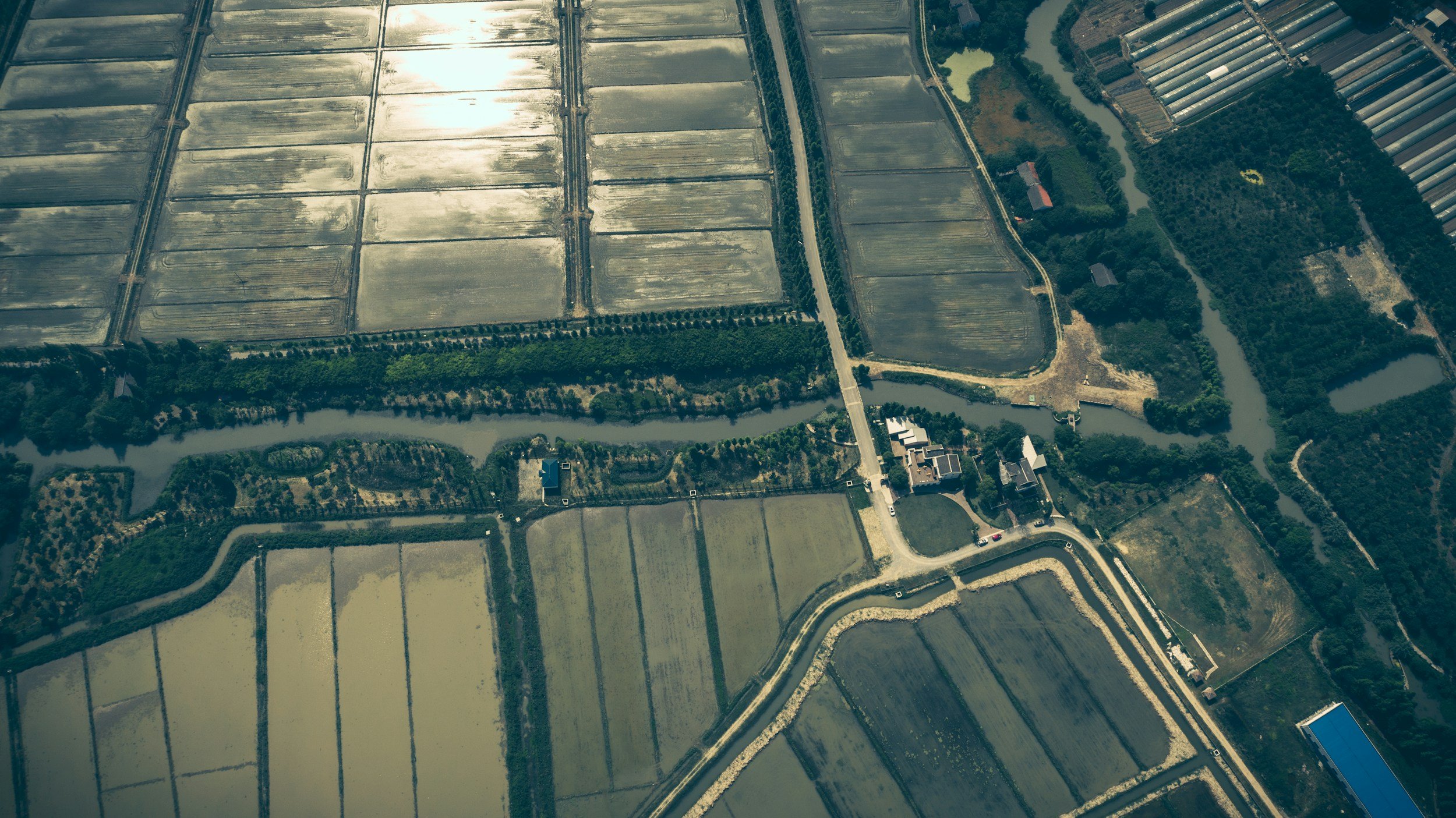 Aerial view of a landscape with rectangular flooded fields, a canal, and some buildings surrounded by greenery.