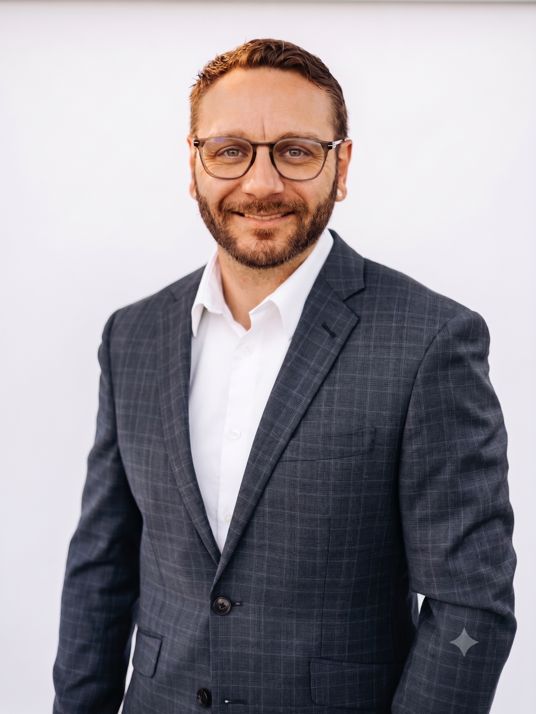 Portrait of a man with glasses, a beard, and a suit against a plain white background.
