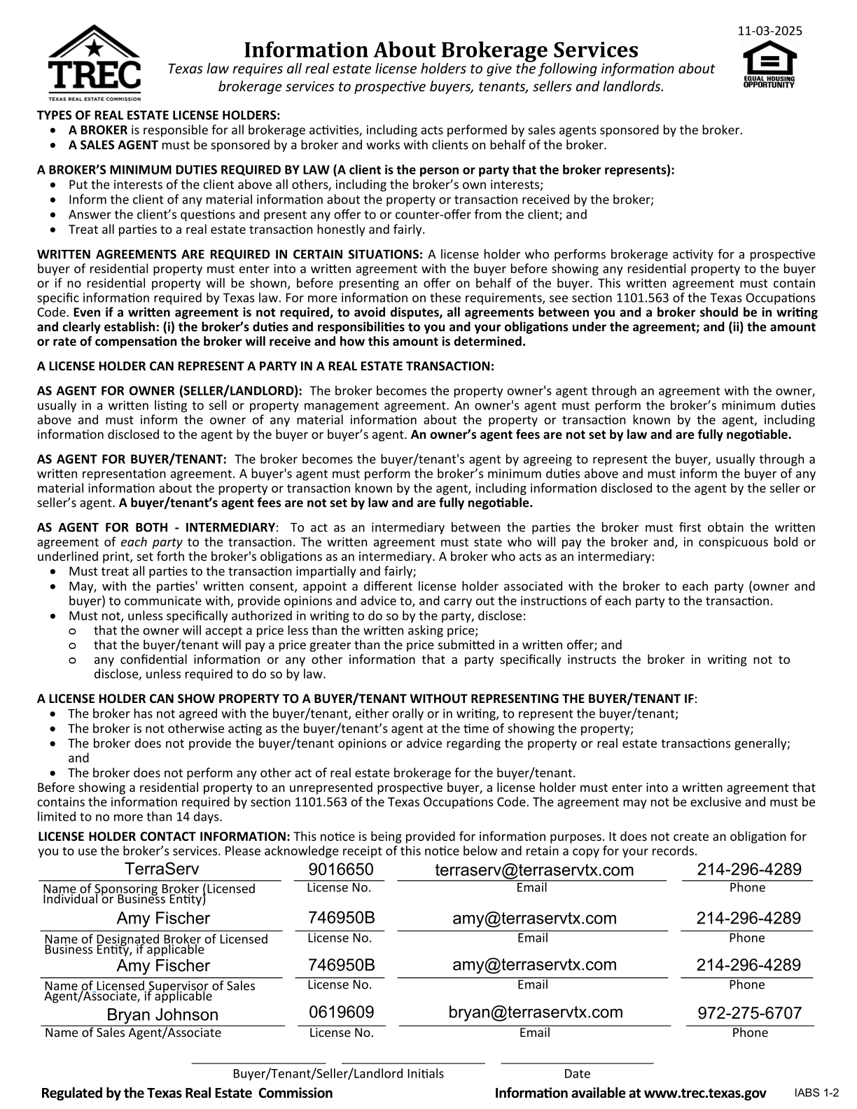 A legal document titled 'Information About Brokerage Services' issued by the Texas Real Estate Commission, dated November 3, 2025. The document explains brokerage activities, duties, agreements, and contact information for licensed real estate professionals.
