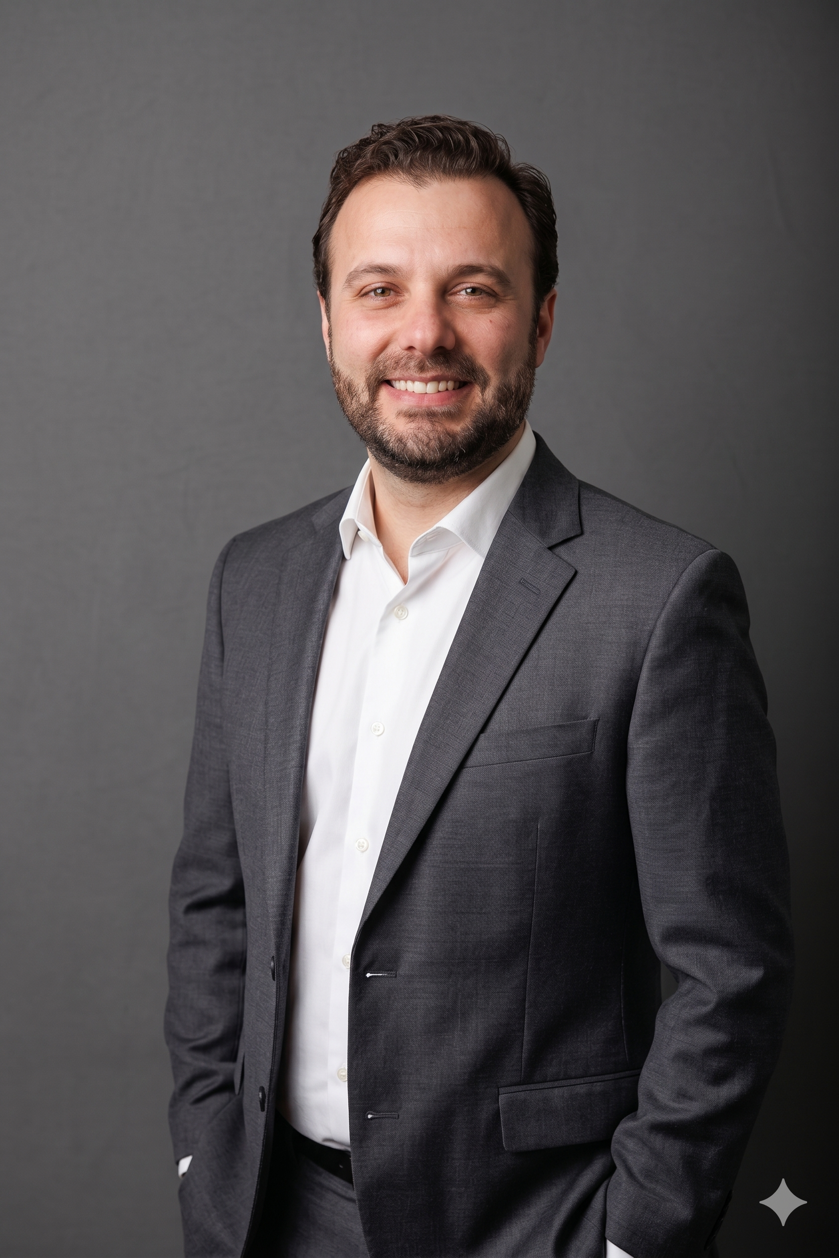 A man with dark hair and a beard wearing a dark gray suit and white shirt, smiling against a plain gray background.