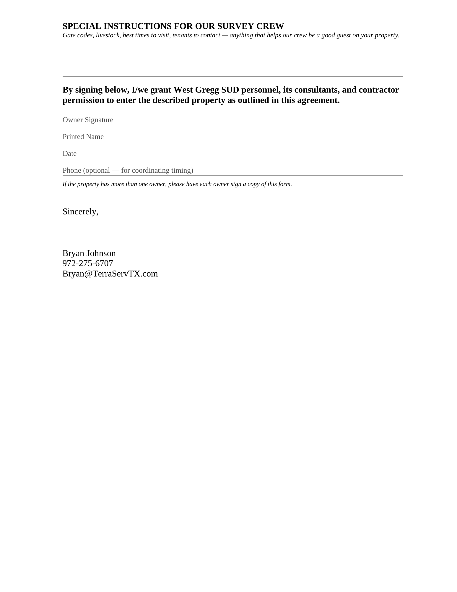 Survey agreement document with sections for owner signature, printed name, date, and optional phone number, signed by Bryan Johnson.