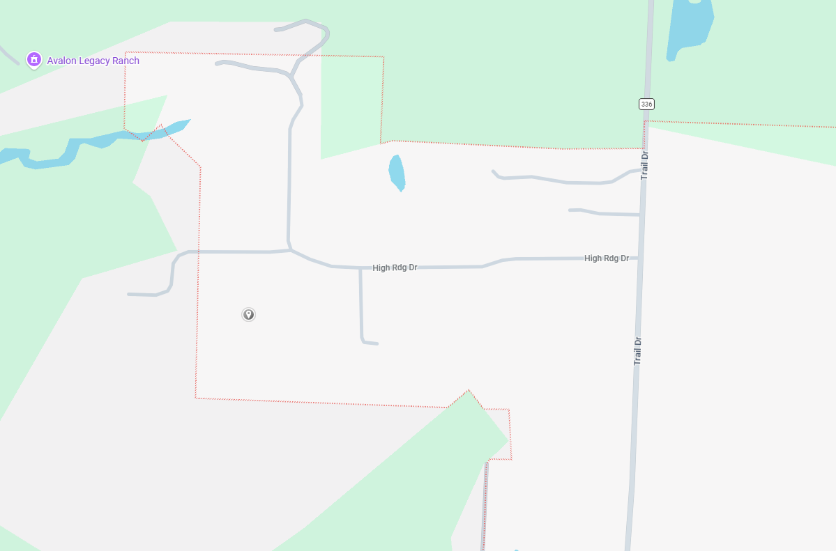 Map showing roads and geographic features near Avalon Legacy Ranch, including Trail Dr and High Rdg Dr, with nearby water bodies and green areas.