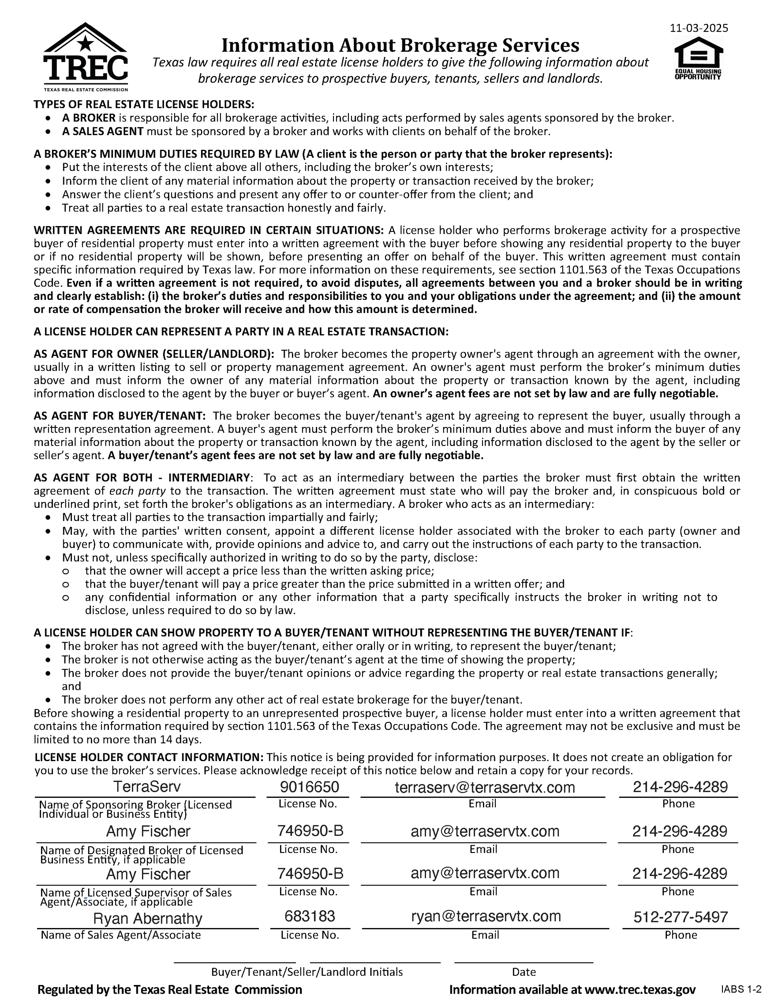 Texas Real Estate Commission (TREC) document titled 'Information About Brokerage Services' issued on 11-03-2025, with sections explaining types of real estate licenses, duties, and representations, including contact information and licensing details of various real estate agents and brokers in Texas.