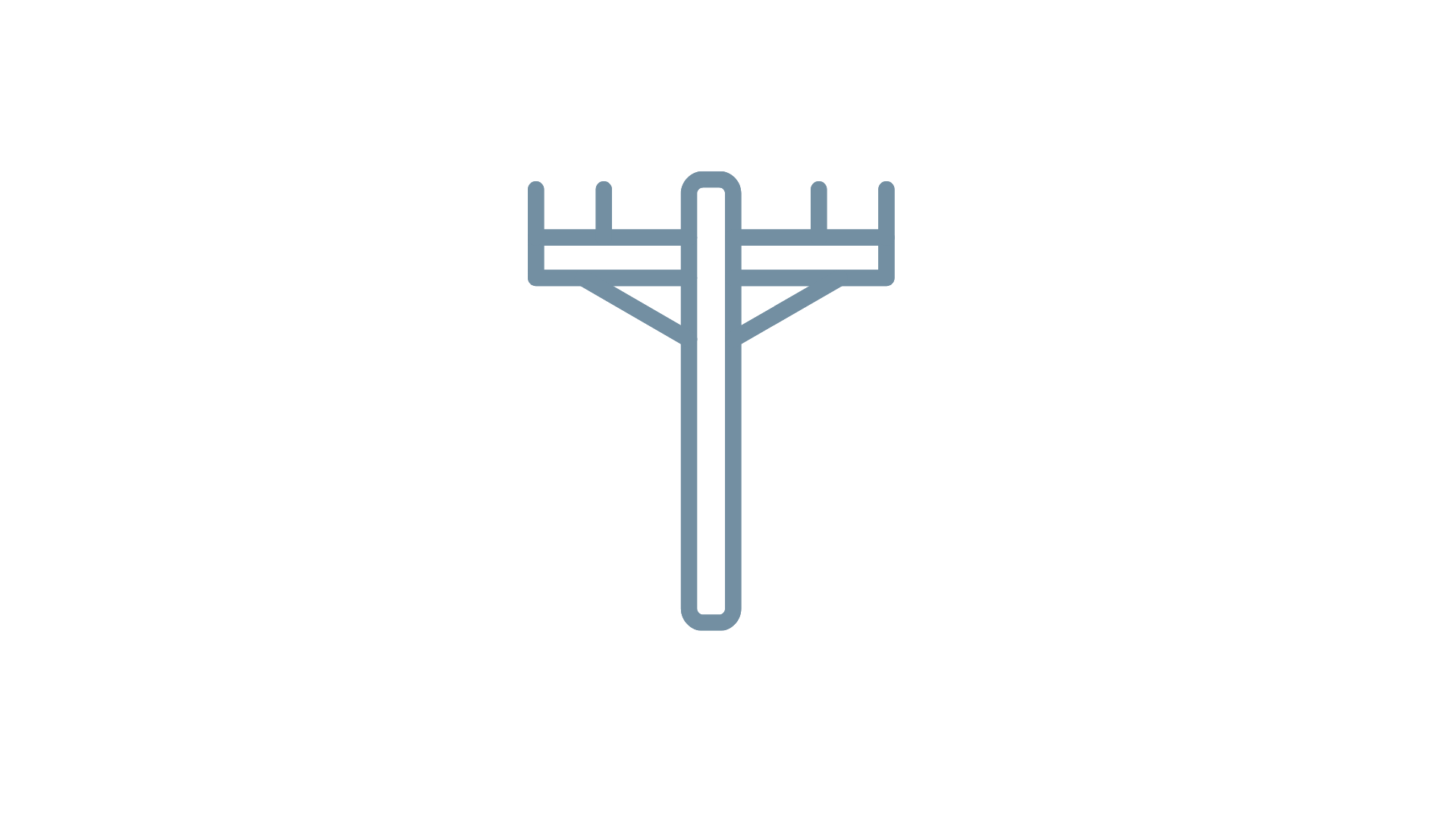 Icon of a utility pole with three crossarms, two of which have insulators, and wires attached.