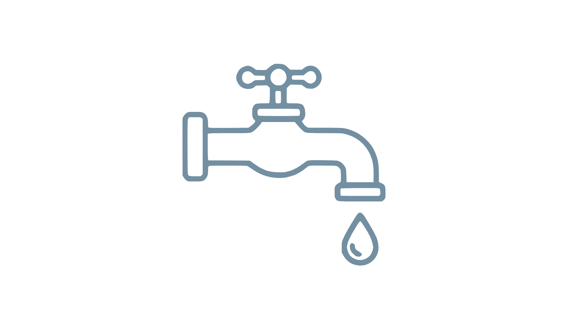 Line drawing of a water faucet with a single water droplet falling from the spout.