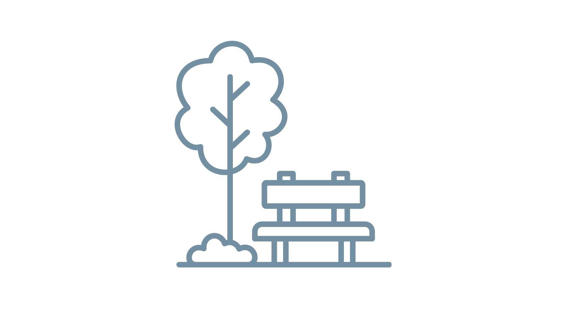 Outline drawing of a park scene with a tree, bench, and bushes.
