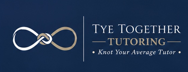 Logo for Tye Together Tutoring with an infinity symbol and the slogan 'Knot Your Average Tutor' on a dark blue background.