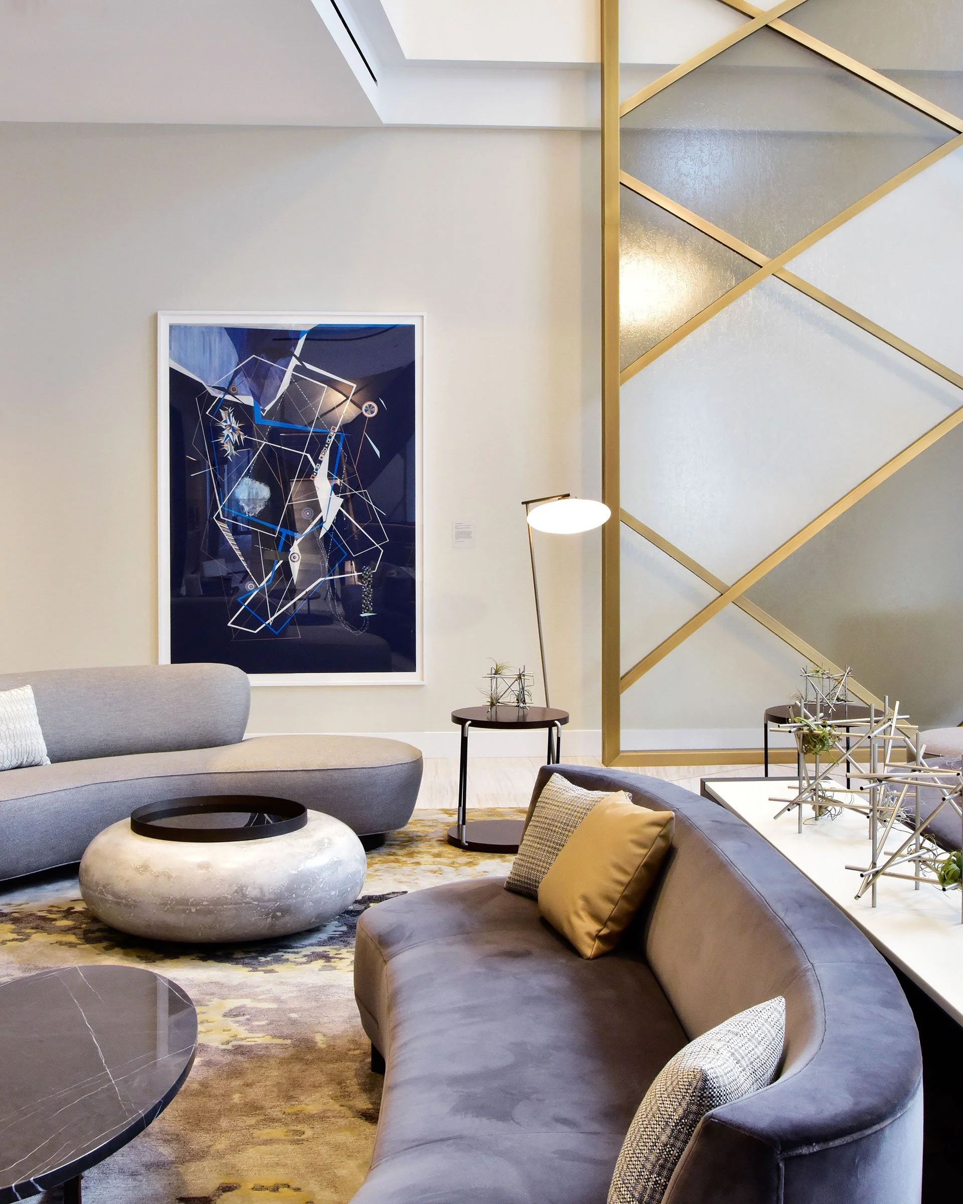 Framed artwork in a bank headquarters lobby illustrating DeGroot Fine Art fine art consulting and collection management services for financial sector clients featured in Selected Work.