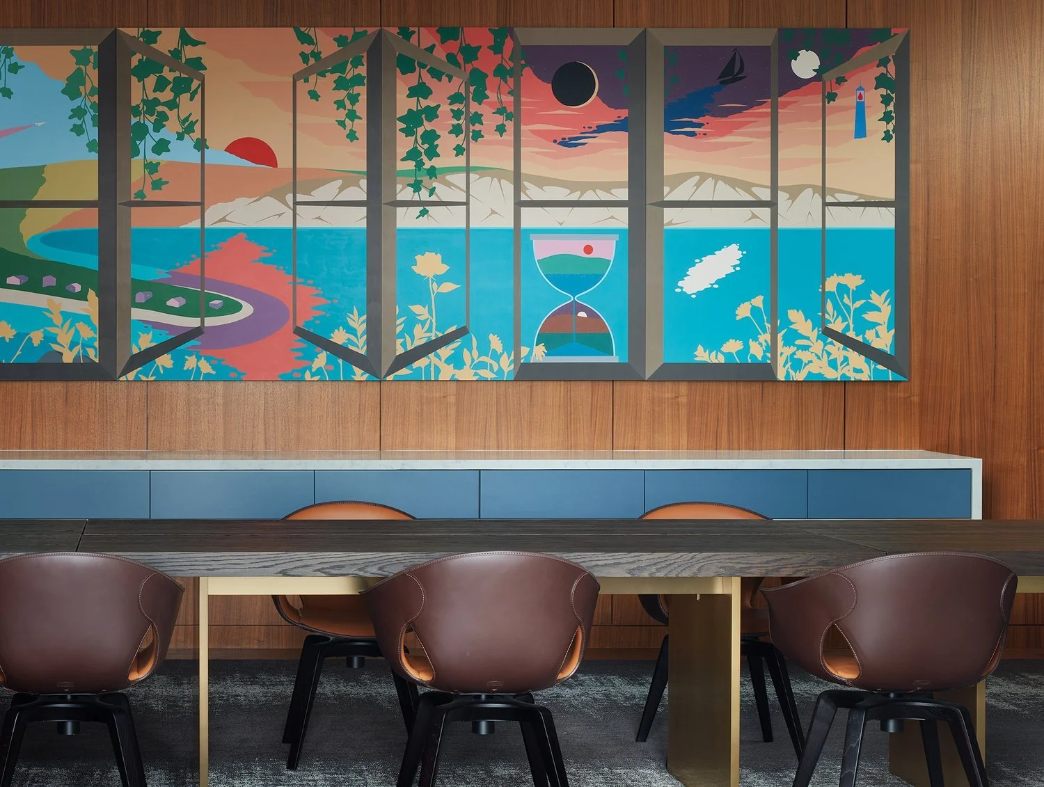 A custom commissioned multi-panel painting in the executive boardroom of a confidential family office illustrating DeGroot Fine Art fine art commissioning and private collection management services on the homepage.