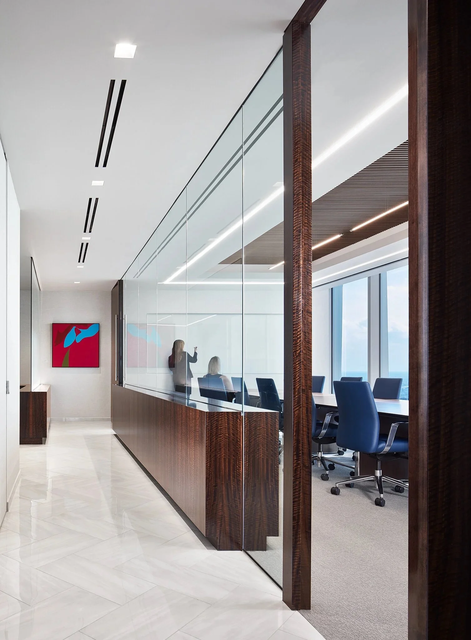 Framed artwork at the end of a law office hallway illustrating DeGroot Fine Art fine art consulting and collection management services for legal sector clients featured in Selected Work.