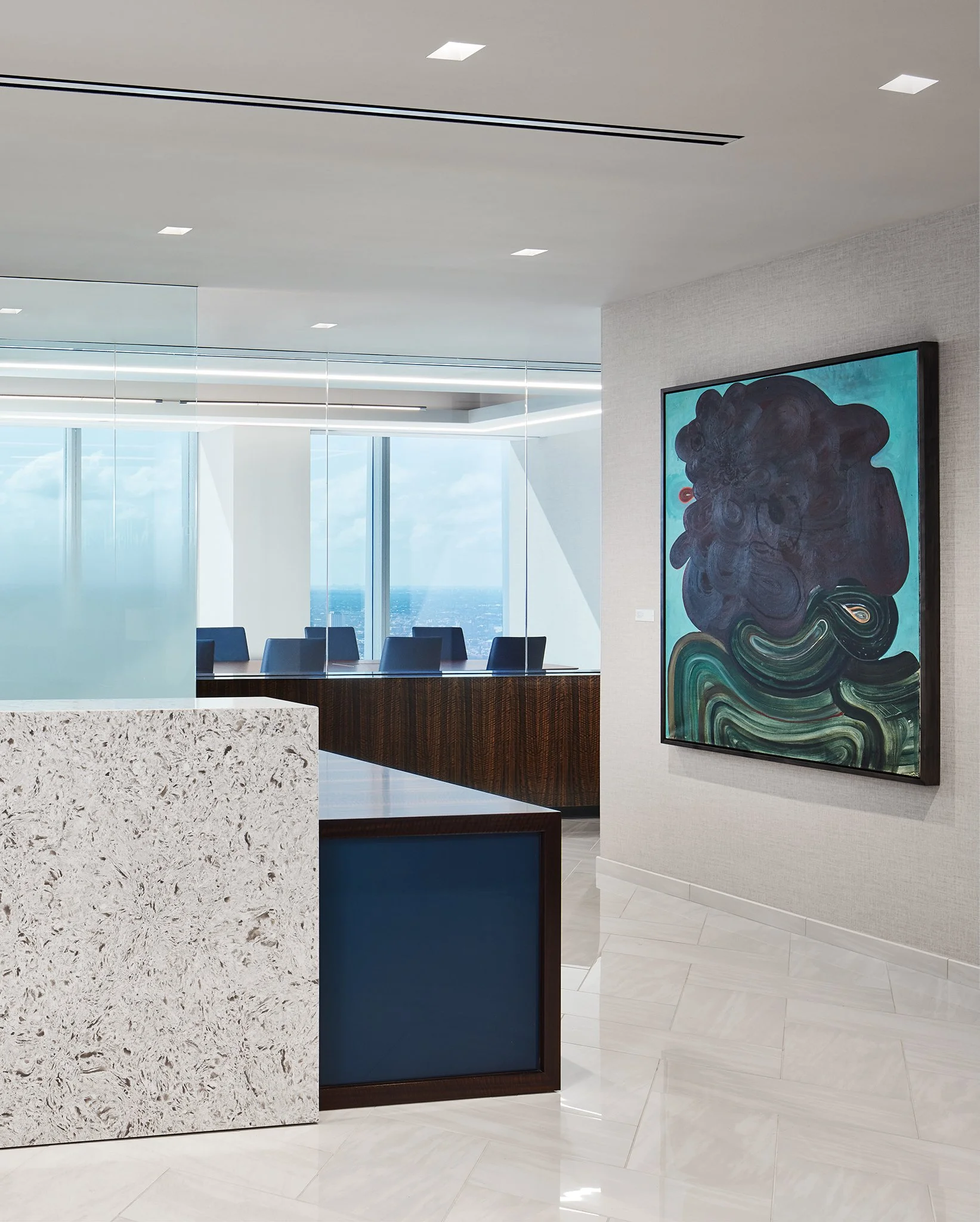 A law office lobby with a framed painting — DeGroot Fine Art provides fine art consulting and collection management services for legal sector clients.