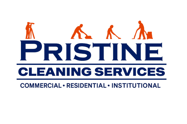 Logo for Pristine Cleaning Services with orange silhouettes of people cleaning and icons for commercial, residential, and institutional cleaning services.