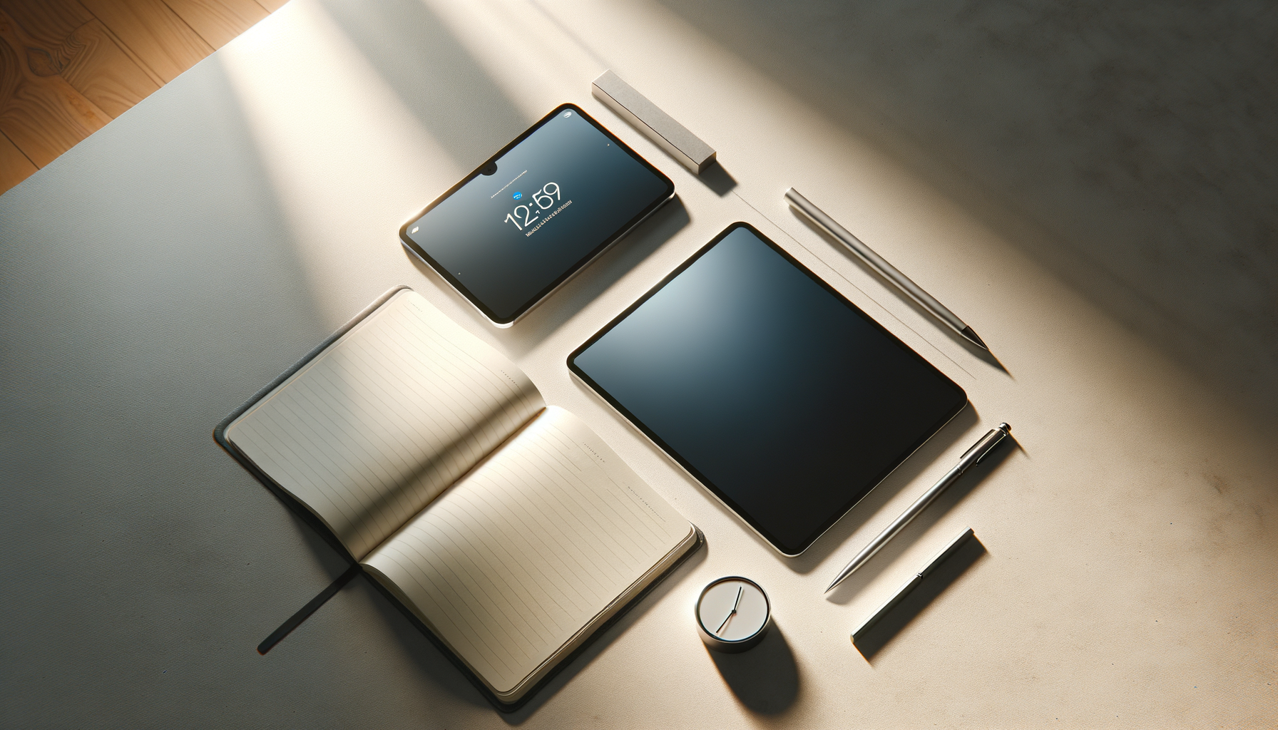 Arrangement of a smartphone, tablet, open notebook, clock, pens, and erasers on a beige surface with sunlight.