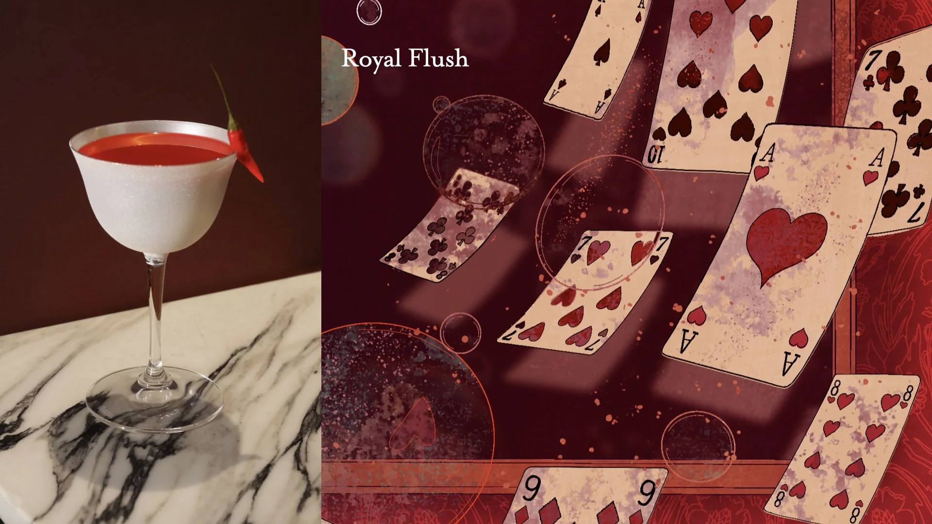 A white cocktail glass containing a red drink, garnished with a red chili pepper, placed on a marble surface, next to an animated background of playing cards and red bubbles, with the text "Royal Flush".