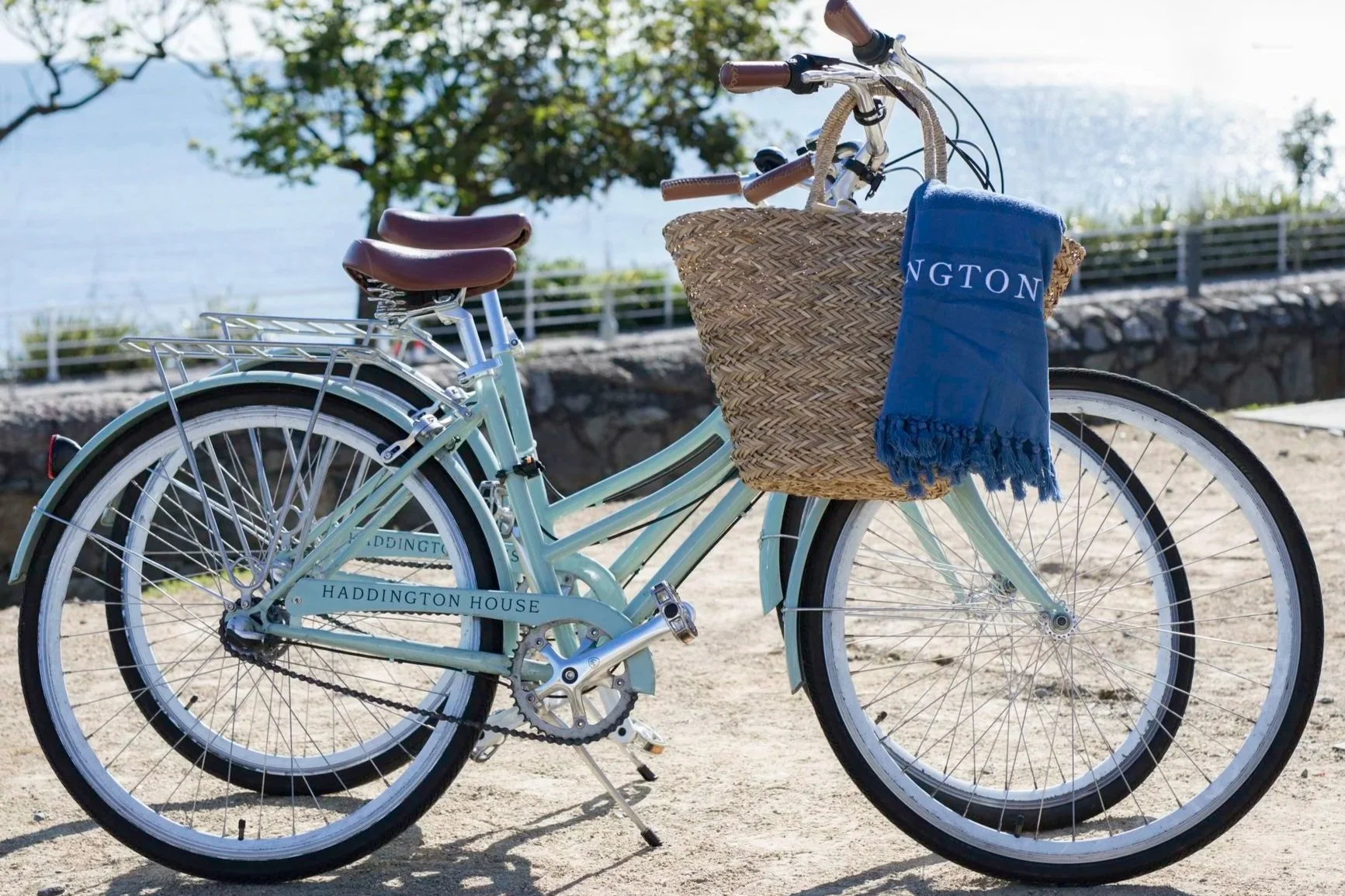A light blue bicycle with a wicker front basket and a blue towel hanging from it, parked on sandy ground near a body of water with trees in the background.