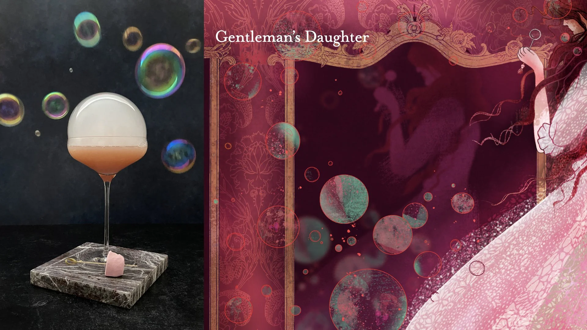 A decorative image with bubbles and bubbles with colorful reflections on a dark background, and a pink-themed illustration with floral details and a woman holding a mirror. Text reads "Gentleman's Daughter."